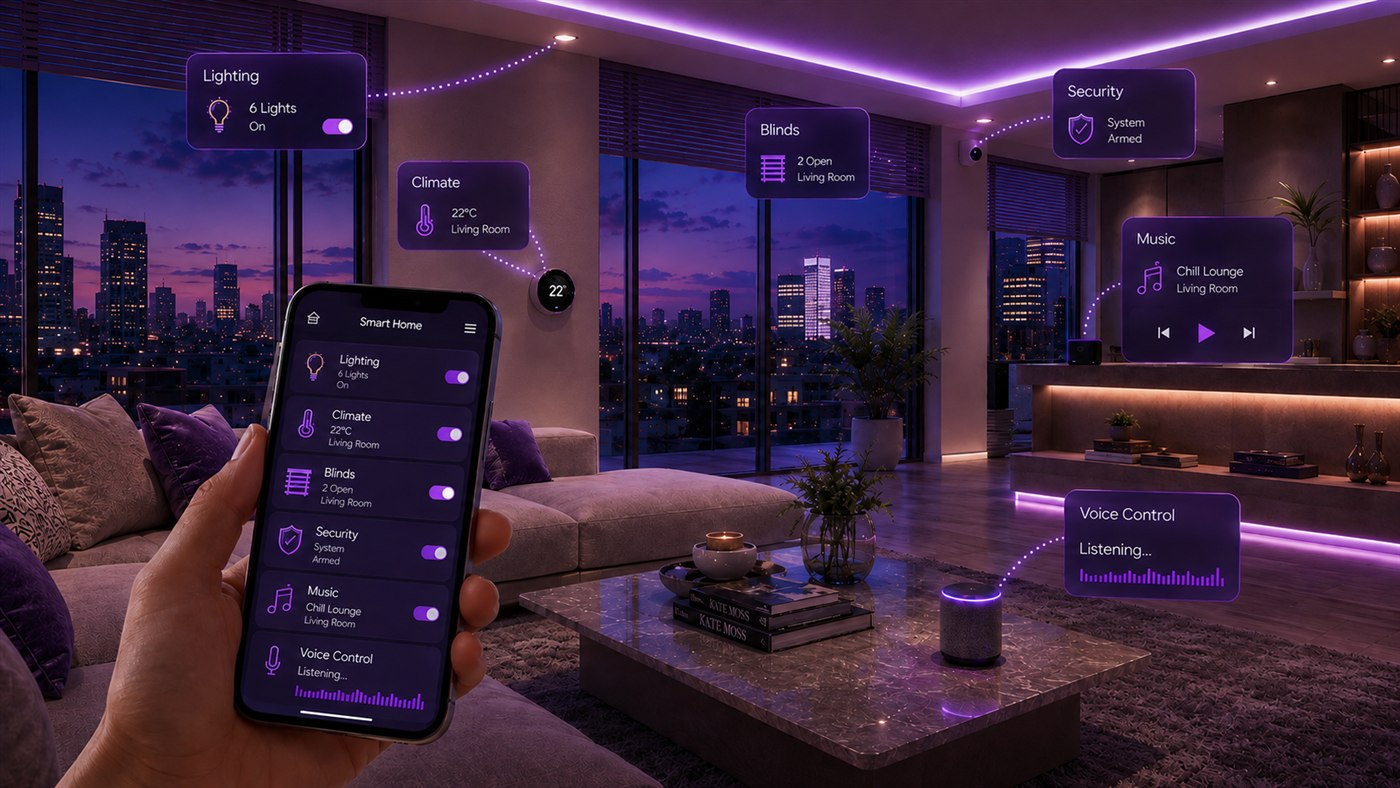Modern smart home with app control for lighting, climate, blinds, security, music and voice control