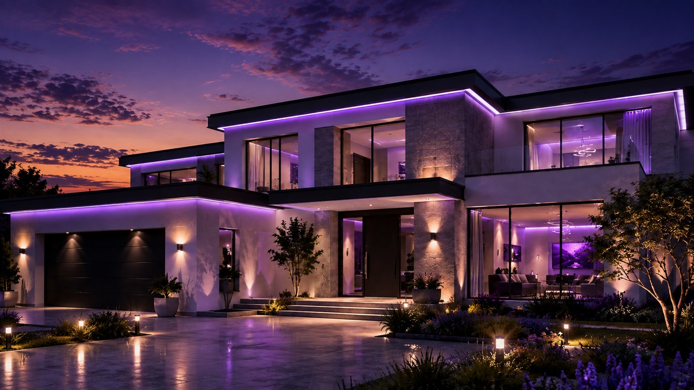 Modern Johannesburg home with coordinated smart lighting at dusk